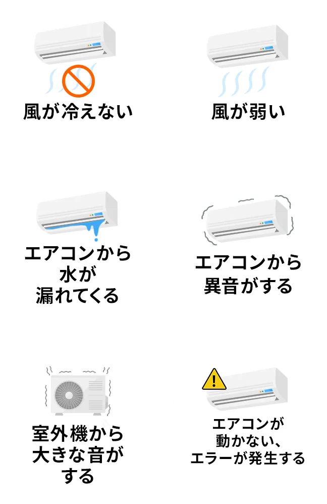 風が冷えない、風が弱い、エアコンから水が漏れてくる、エアコンから異音がする、室外機から大きな音がする、エアコンが動かないエラーが発生する